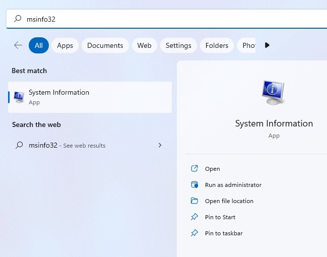 Searching for "System Information" app in Windows 11. 