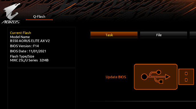 BIOS view with update option visible. 