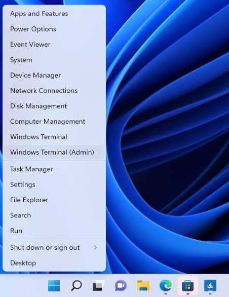 Selecting "Windows Terminal (Admin) from Start button menu in Windows 11.