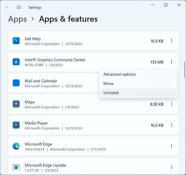 "Apps & features" list in Window. 