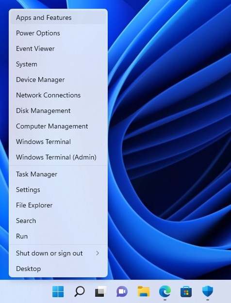 Selecting "Apps and Features" option form quick menu in Windows. 