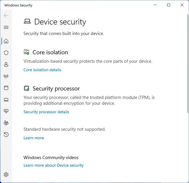 "Device security" view in "Windows Security."