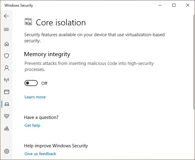 "Memory integrity" toggle visible in Windows Security. 