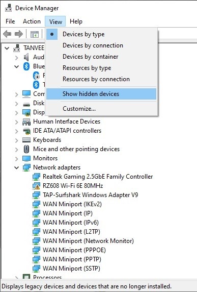 "Show hidden devices" in Device Manager for Windows. 