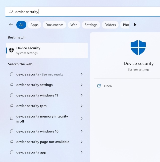 Typing "Device security" in Windows Search.
