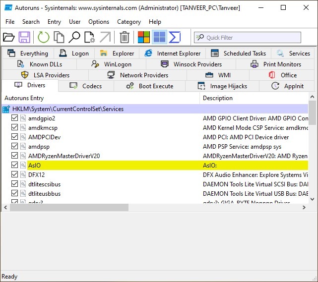 Microsoft's Autoruns app view. 