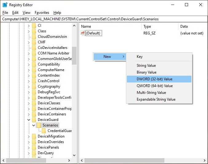 Creating a new DWORD (32-bit) value in Registry Editor.