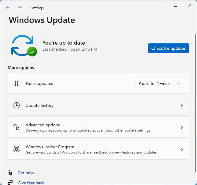 "Check for updates" button in Windows Update.