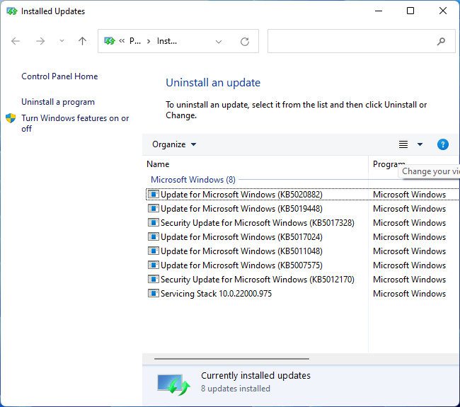 "Uninstall an update" screen in Windows. 