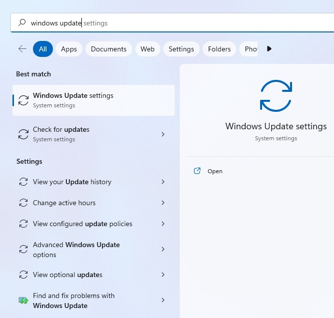 Type "Windows update" in Windows Search.