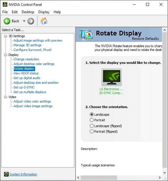 Windows Screen Rotate Nvidia Control Panel