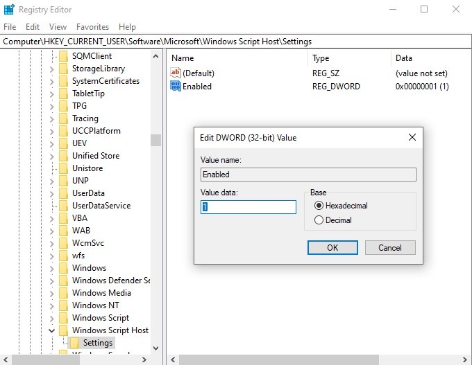 Windows Script Host Registry Settings Enabled Value