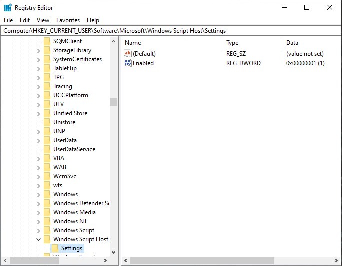 Windows Script Host Registry Settings Enabled