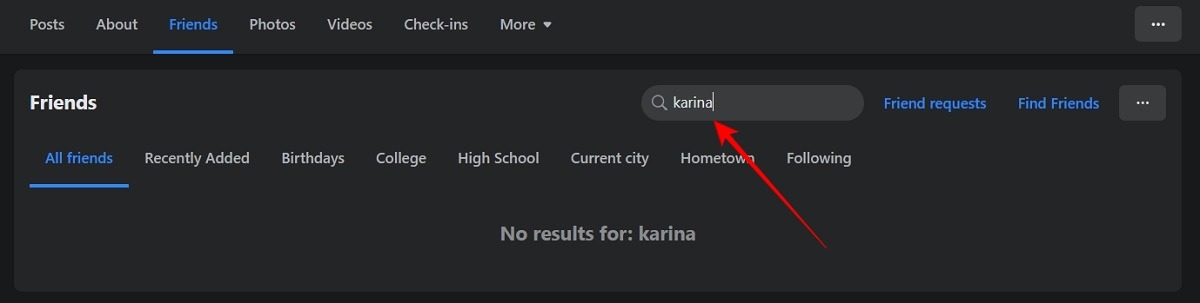 Facebook friends list search function.