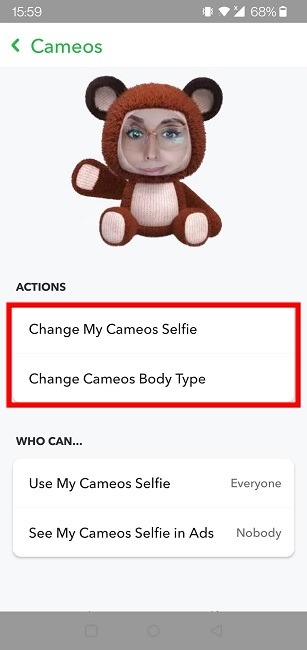 Cameos Selfie Snapchat Actions