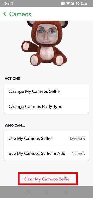 Cameos Selfie Snapchat Android Delete