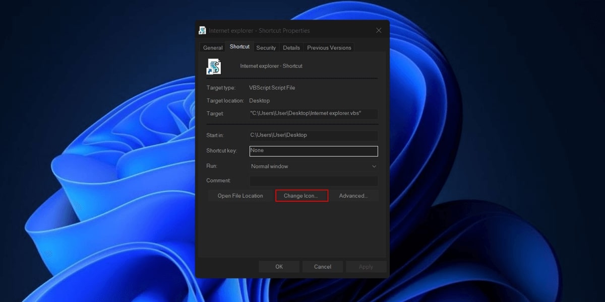 Clicking "Change icon" button in Properties window.