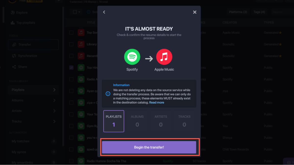 Click Begin The Transfer Transfer Spotify Playlist To Apple Music