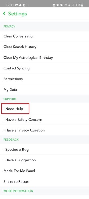 Select "I Need Help" option in Snapchat settings.