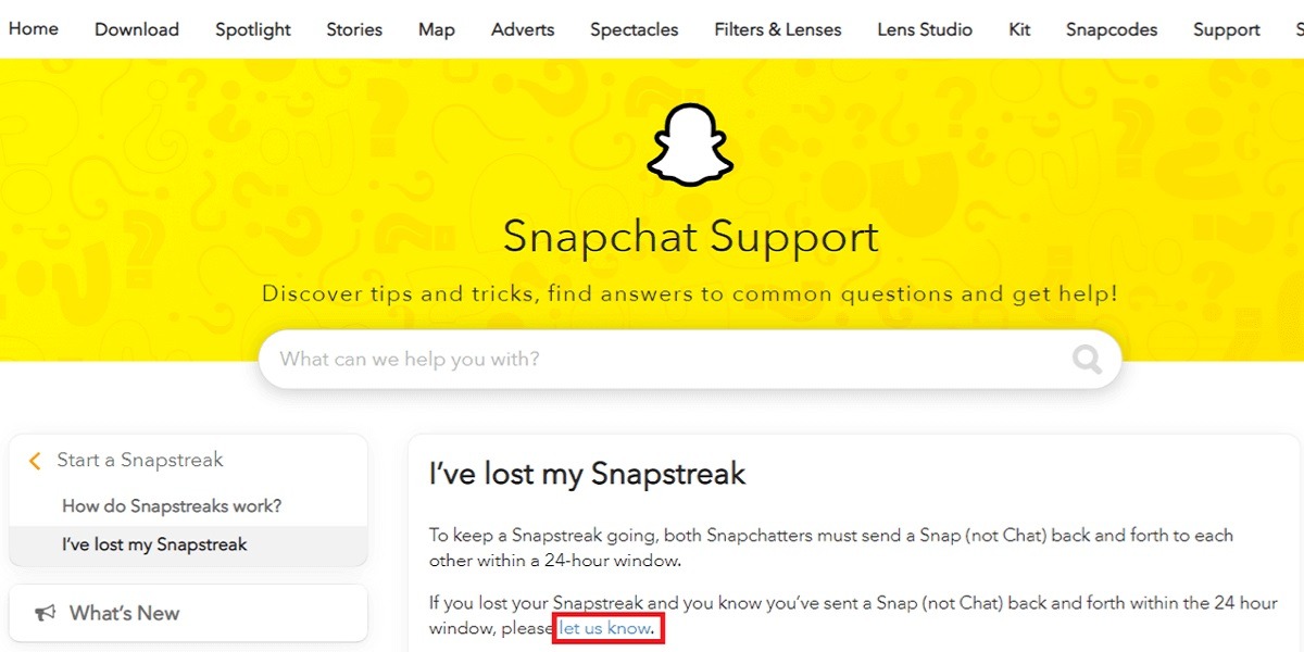 "I've lost my Snapstreak" page on web.