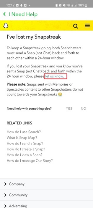 "I've lost my Snapstreak" page in Snapchat app.