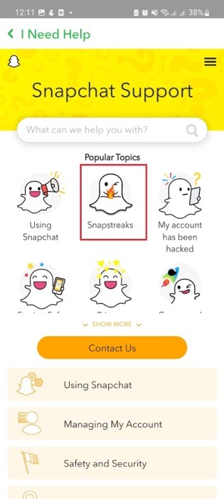 Snapstreaks option in Snapchat Support on mobile.