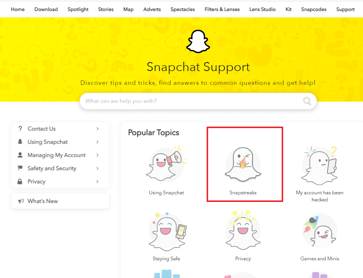 Snapchat Support page on web.