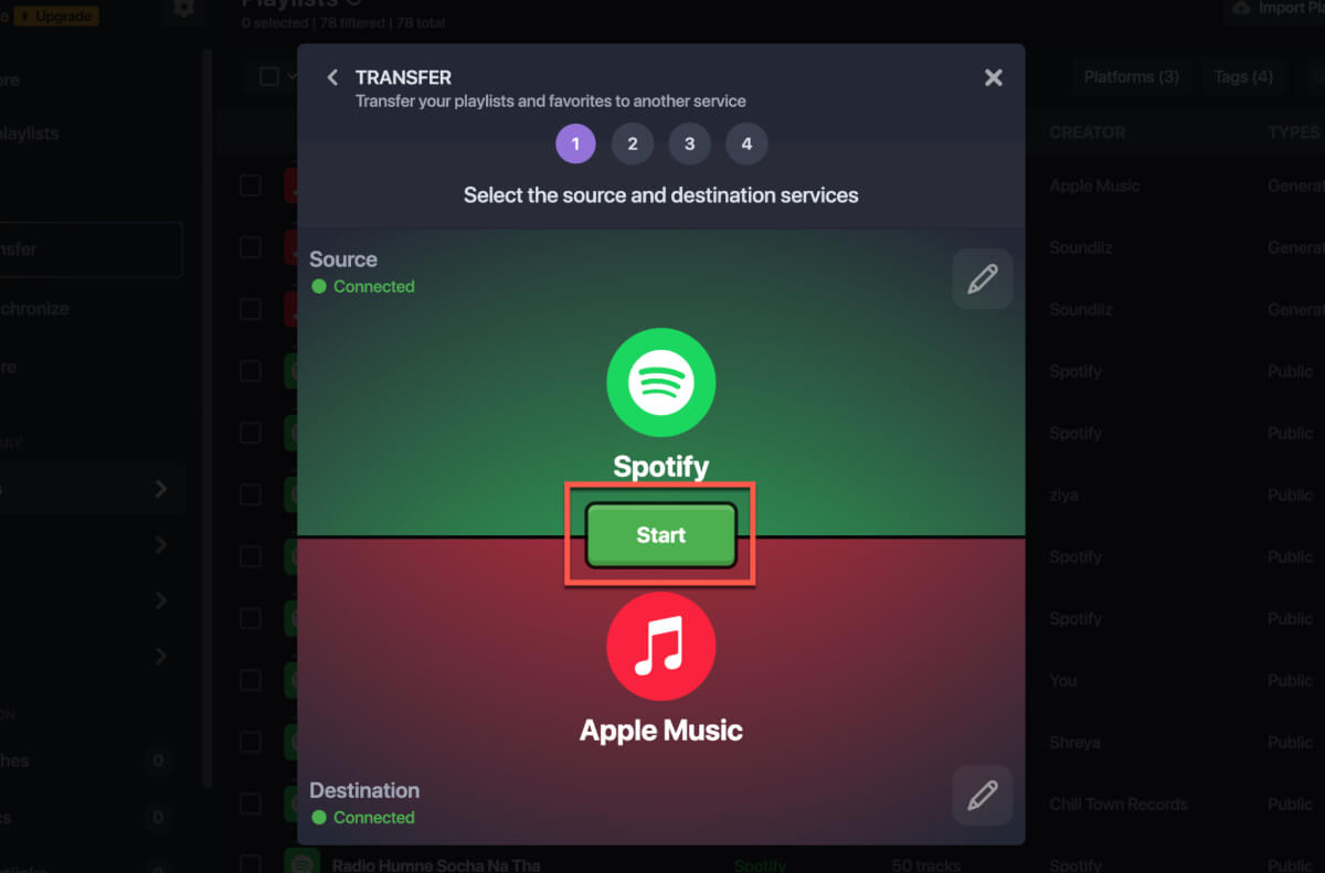 Click On Start Transfer Spotify Playlist To Apple Music