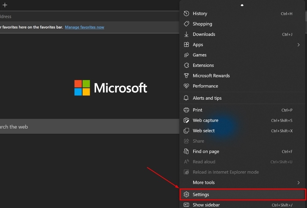 Clicking on Settings in Microsoft Edge browser.