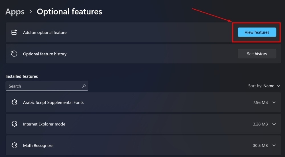 "View features" button in Optional Features.