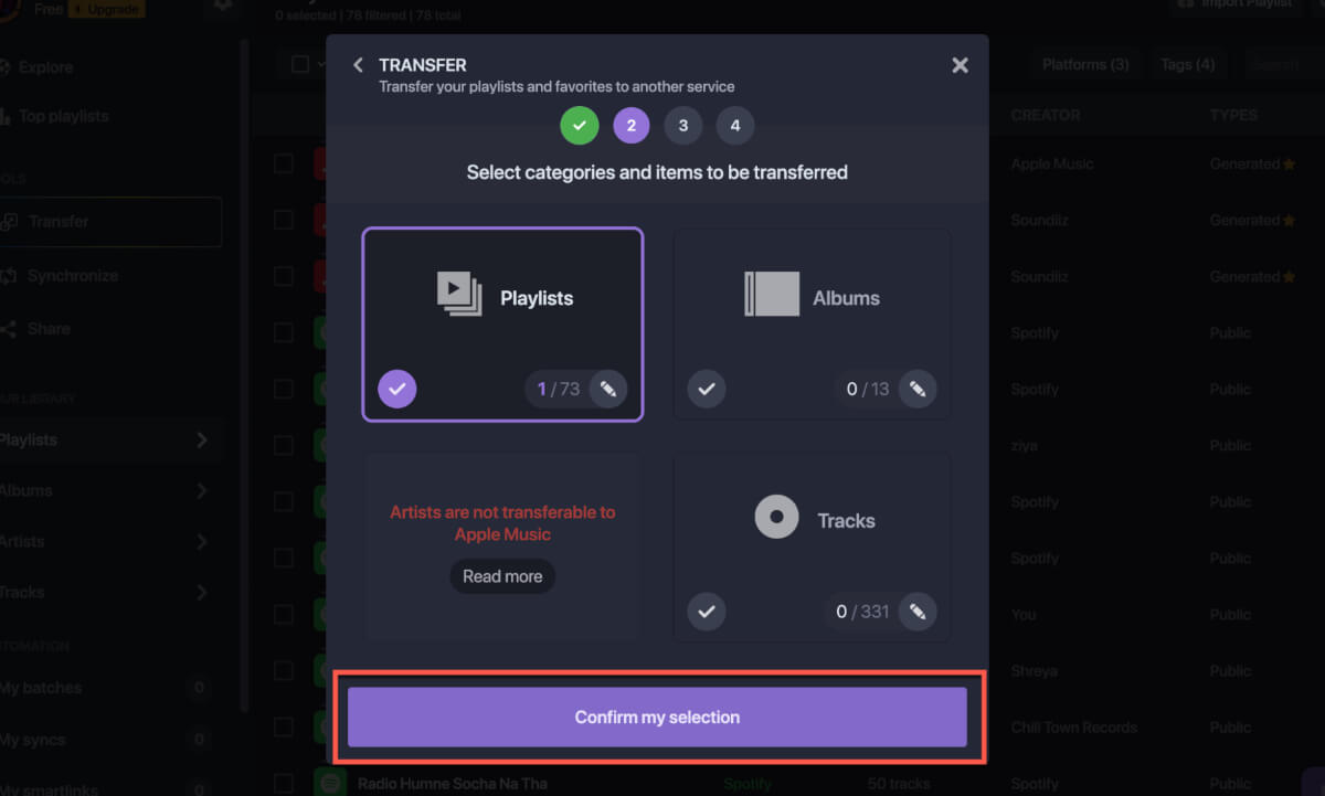 Confirm Selection Transfer Spotify Playlist To Apple Music