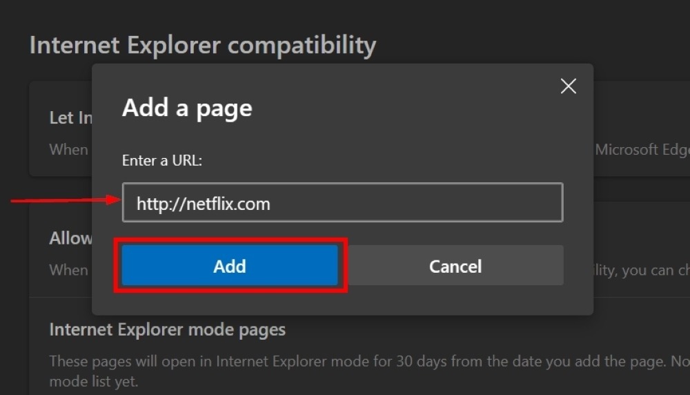 Adding website in "Add a page" Internet Explorer compatibility window.