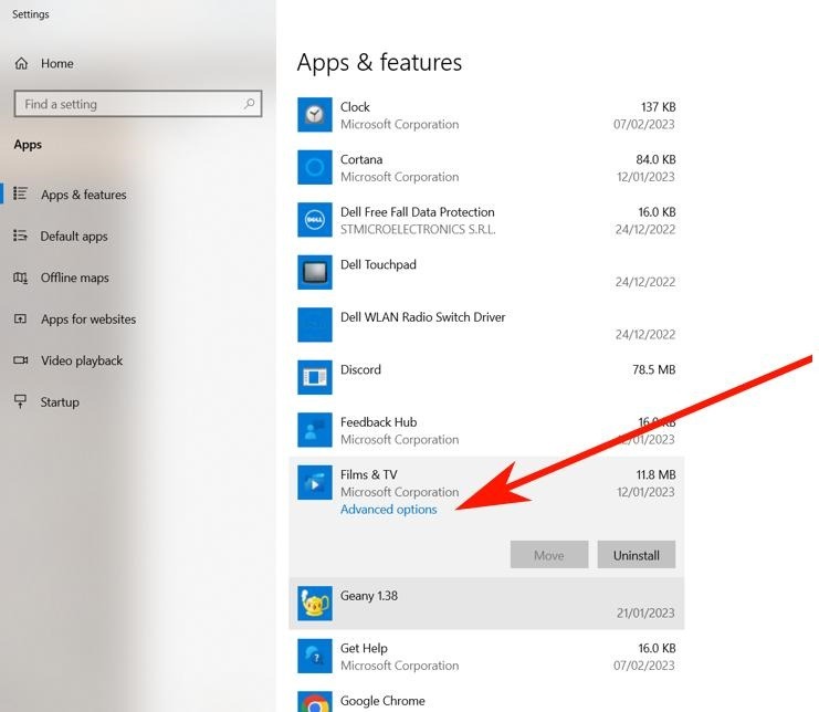 Clicking on an app via Windows Settings.