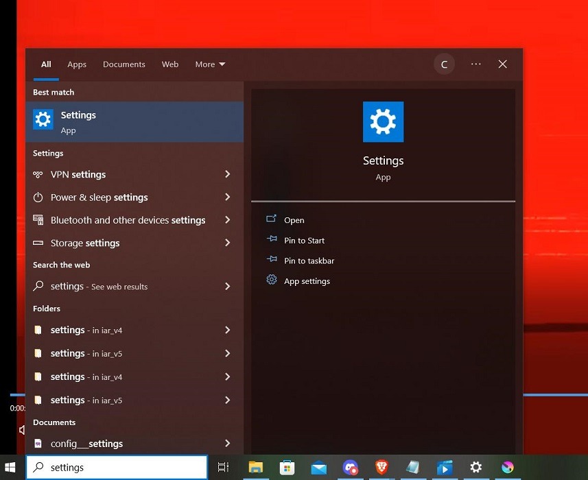 Typing "Settings" in Search.