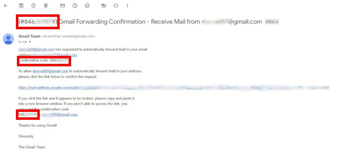 Gmail Web Settings Forwarding Verification Email Code