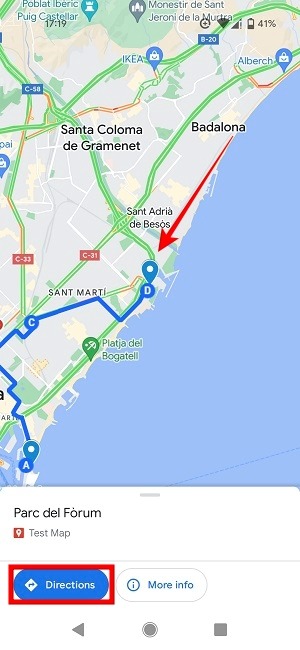 "Directions" button for My Maps in Google Maps app.