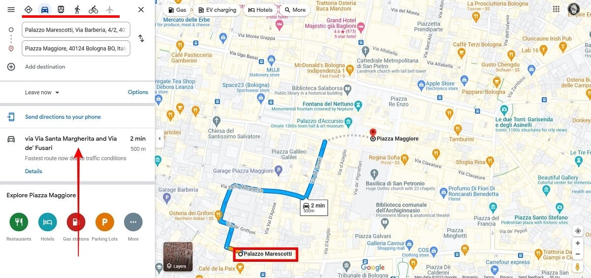 Clicking on preferred route in Google Maps for PC.