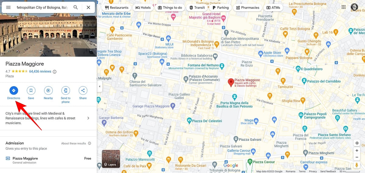 Directions button in Google Maps for PC.