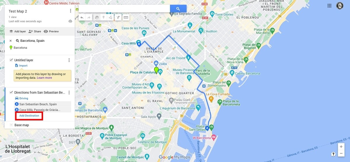 "Add Destination" button in My Maps by Google Maps.