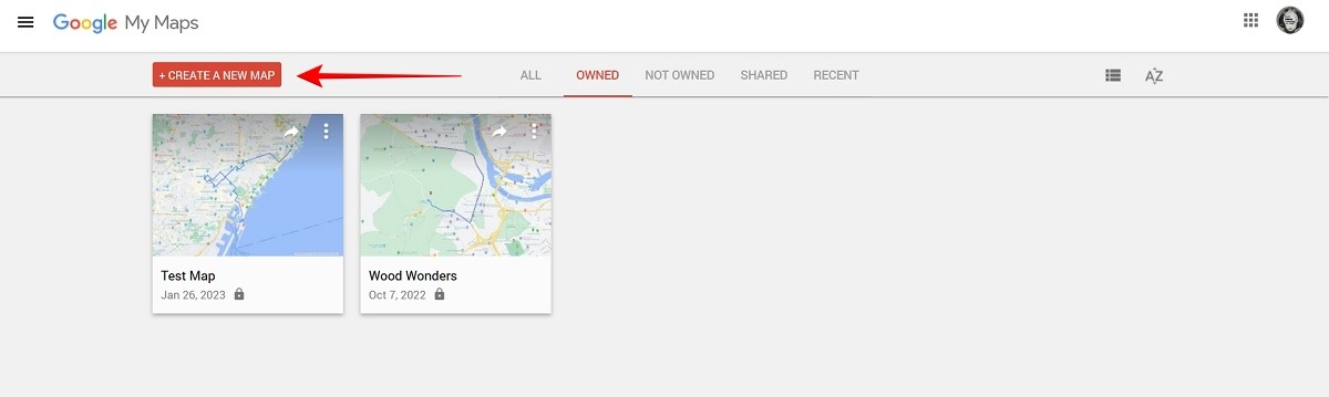 Google My Maps "Create new map" button in Google Maps for PC.