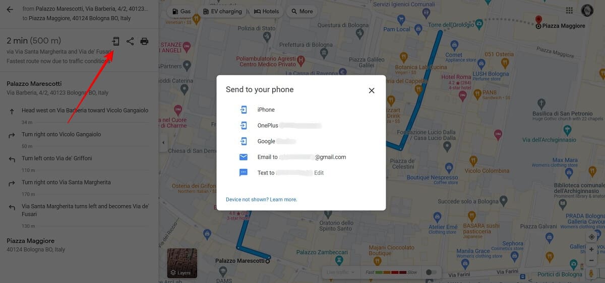 Sending route to phone option in Google Maps for PC.