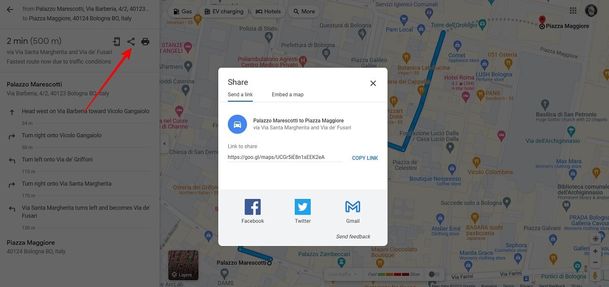 Sharing options in Google Maps for PC.