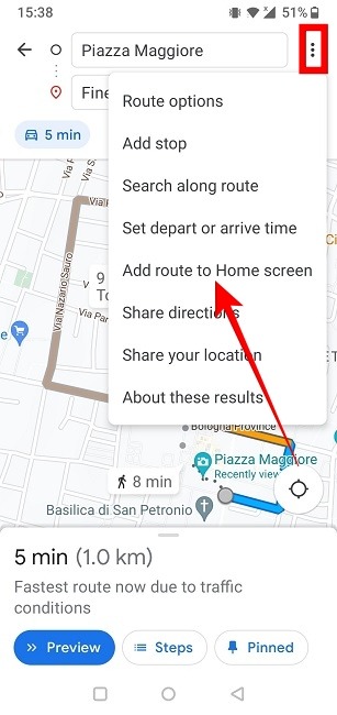 "Add route to Home screen" option under "More" options in Google Maps app for Android.