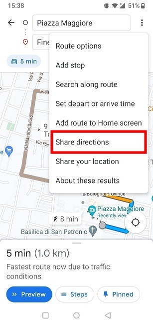 "Share directions" option in Google Maps app.