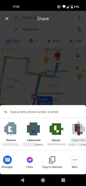 Google Maps sharing options. 
