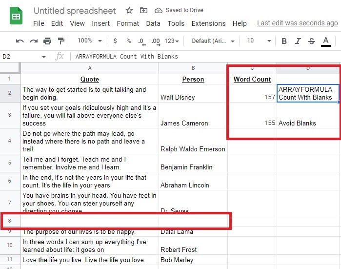 How To Check The Word Count In A Google Sheet Split Arrayformula Noblank