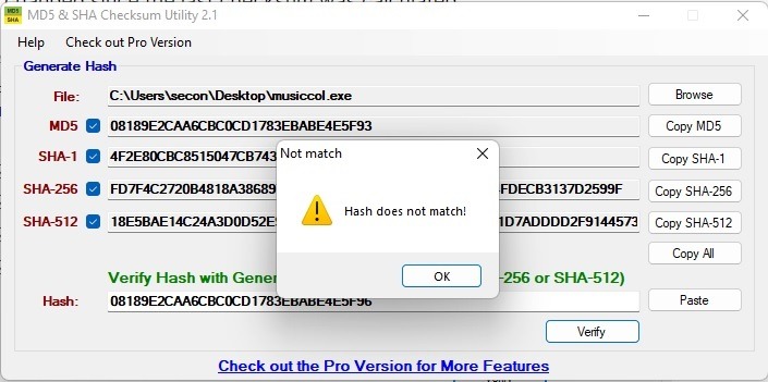 "Hash did not match" message in MD5 & SHA Checksum Utility.