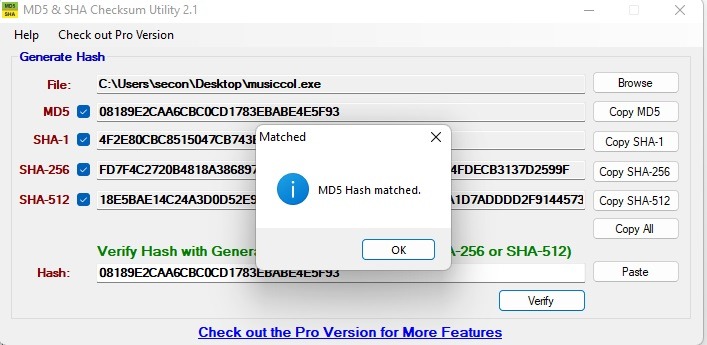 "MDS Hash matched" message in MD5 & SHA Checksum Utility. 