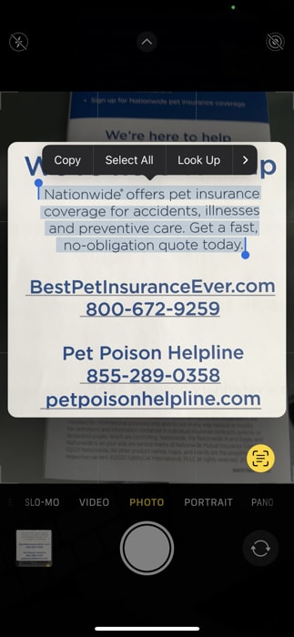 iPhone Camera Live Text actions