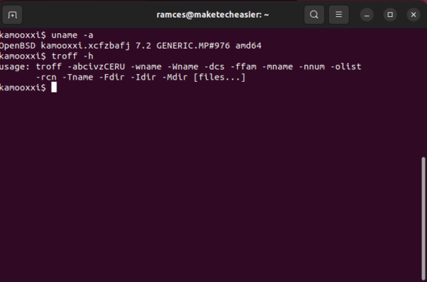 A remote OpenBSD session running Troff.